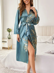 Women's Floral Print Dressing Gown with Belted Waist and Long Sleeves
