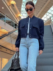 Women's Cropped Baseball Collar Bomber Jacket with Snap Buttons