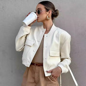 Women's Casual Bomber Jacket with Front Buttons and Flap Pockets