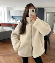 Women's Oversized Fleece Jacket with Zipper Front and High Collar