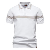 Men's Short-Sleeve Zip Polo Shirt with Chest Stripe and Slim Fit