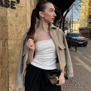 Women's Short Lapel Bomber Jacket with Zip Front and Flap Pockets