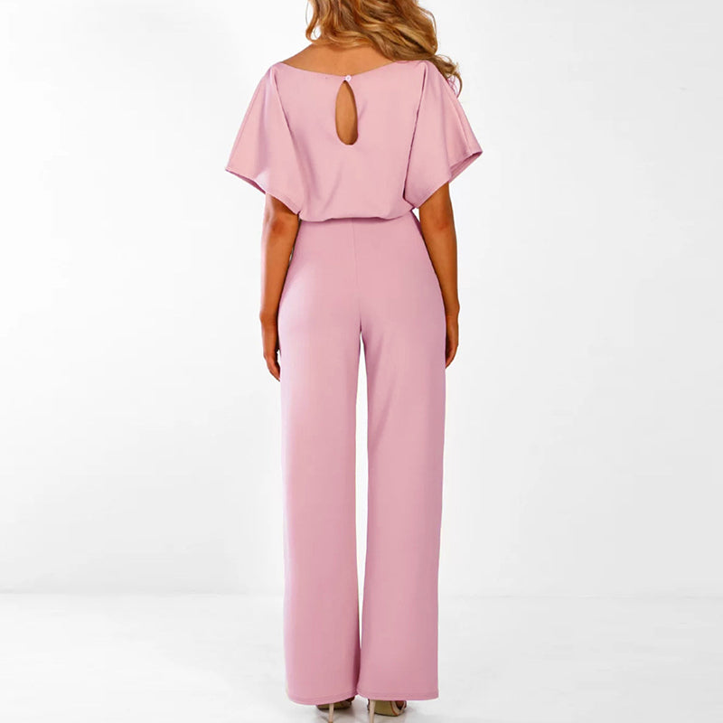 Women’s Short-Sleeve Jumpsuit With Wide-Leg Pants And Waist Tie