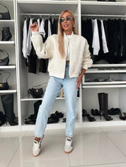 Women's Quilted Bomber Jacket with Zip Front and Ribbed Trim