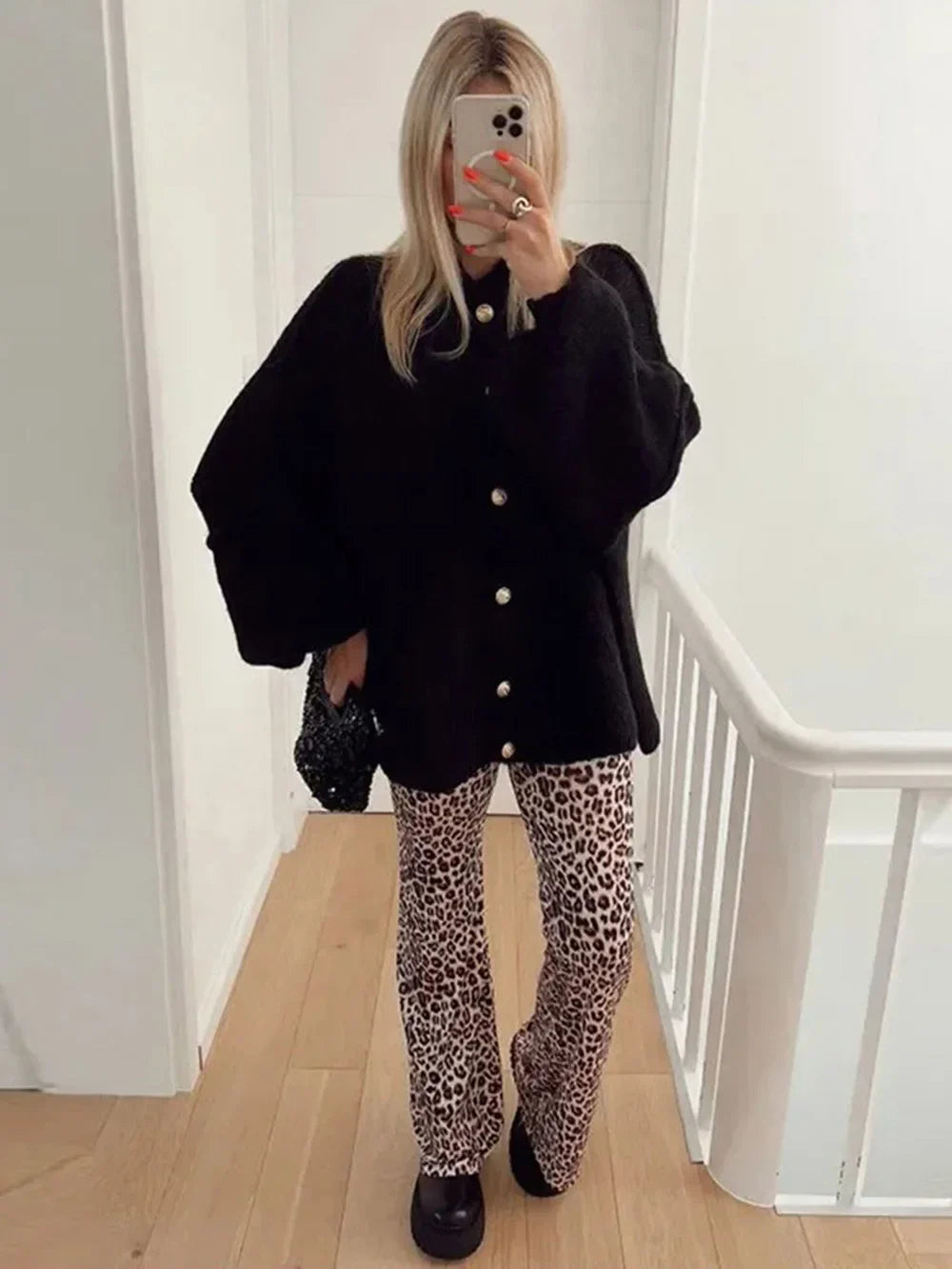 Women's Bat Sleeve Cardigan with Lapel and Metal Button Detail