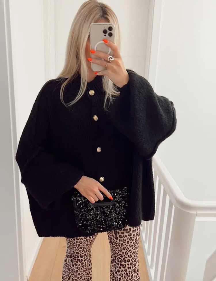 Women's Knit Button Cardigan with Ribbed Neckline and Cuffs