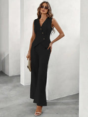 Women's Two Piece Tailored Set with Sleeveless Vest and Wide Leg Pants