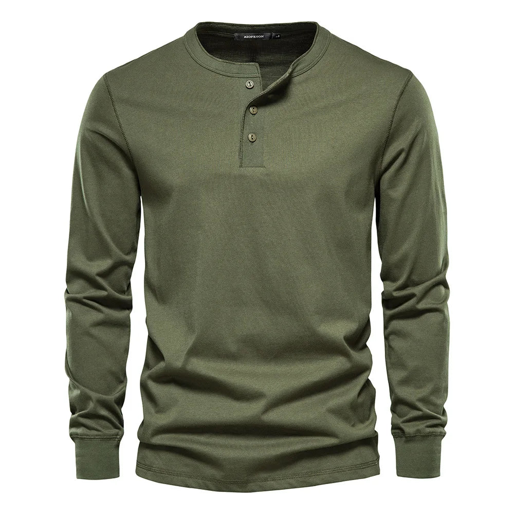 Men's Classic Long Sleeve Henley Shirt with Three Button Placket
