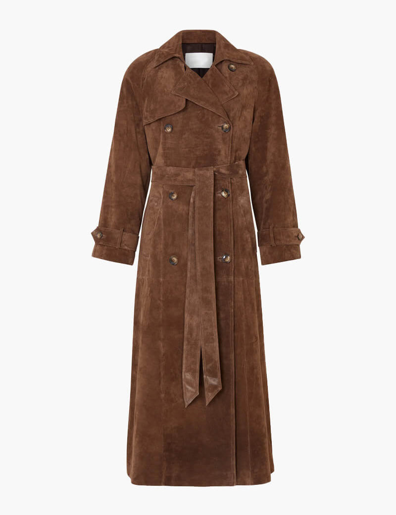 Women's Long Trench Coat with Belted Waist and Lapel Collar
