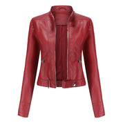 Women's Leather Jacket with Zip Closure High Collar and Belt