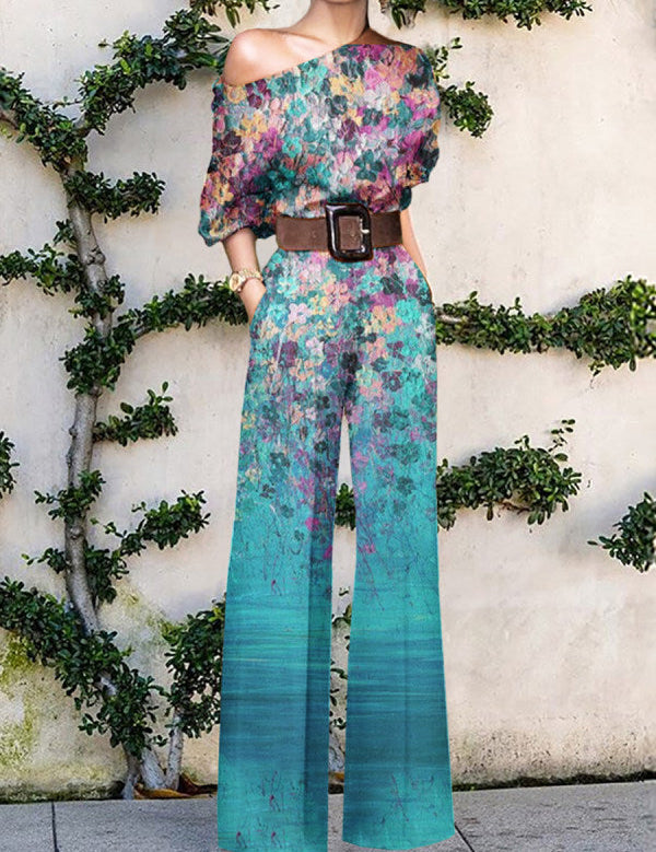 Women's One Shoulder Wide Leg Jumpsuit with Artistic Print Design