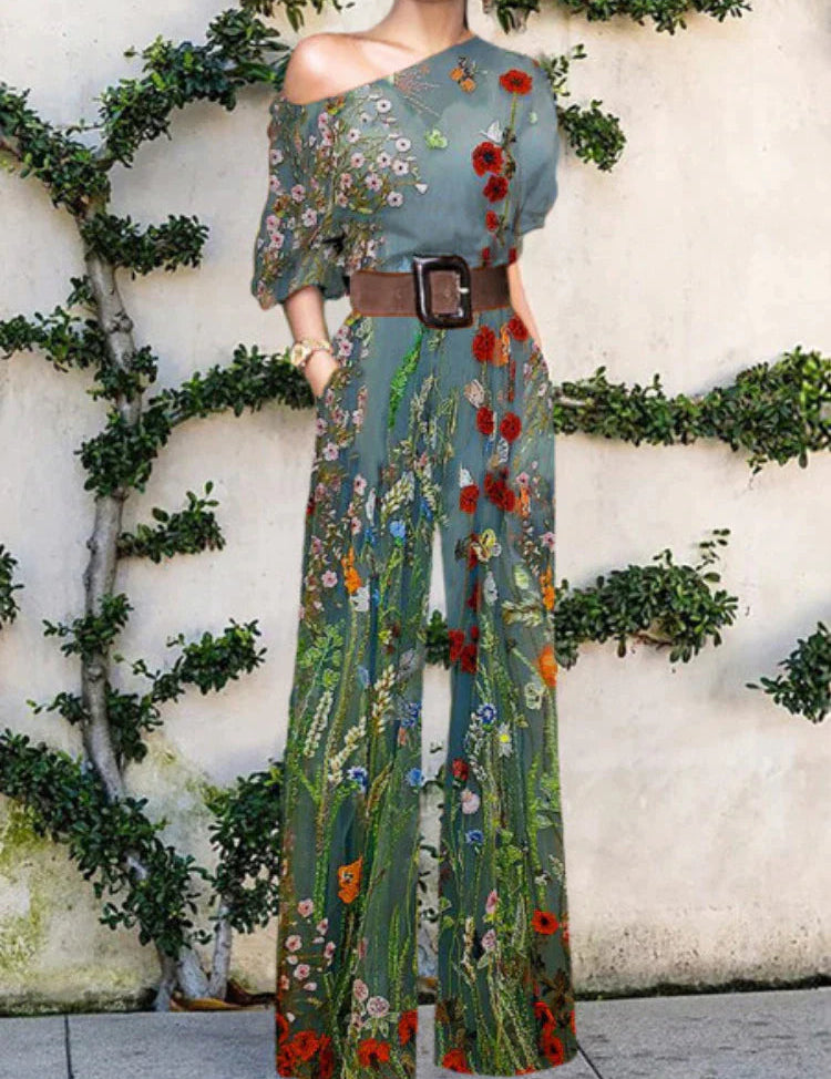 Women's One Shoulder Wide Leg Jumpsuit with Artistic Print Design