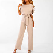 Women’s Short-Sleeve Jumpsuit With Wide-Leg Pants And Waist Tie