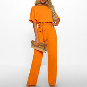 Women’s Short-Sleeve Jumpsuit With Wide-Leg Pants And Waist Tie
