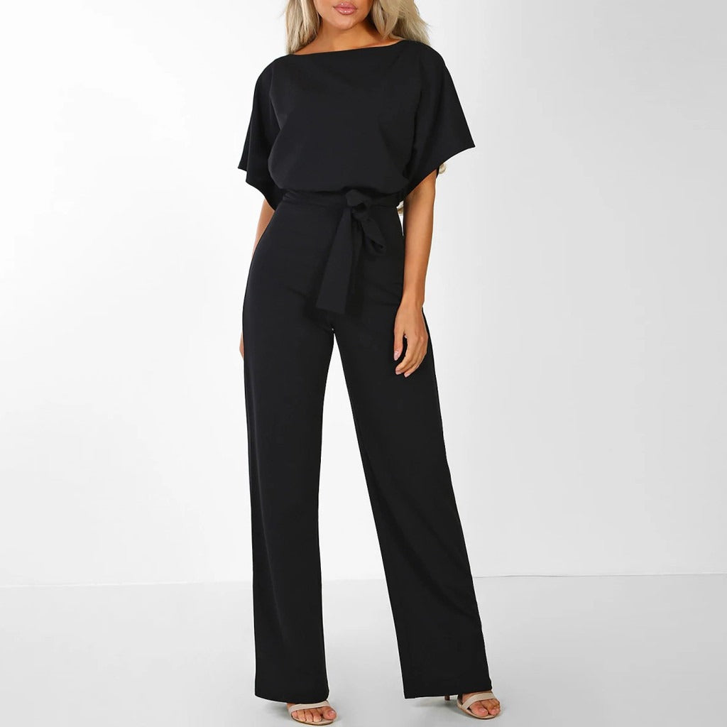 Women’s Short-Sleeve Jumpsuit With Wide-Leg Pants And Waist Tie