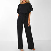 Women’s Short-Sleeve Jumpsuit With Wide-Leg Pants And Waist Tie