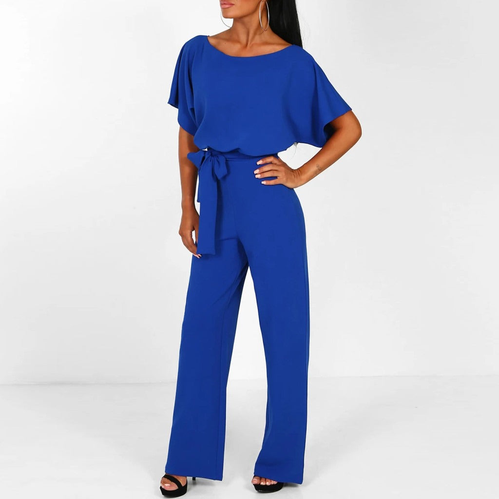 Women’s Short-Sleeve Jumpsuit With Wide-Leg Pants And Waist Tie