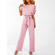 Women’s Short-Sleeve Jumpsuit With Wide-Leg Pants And Waist Tie