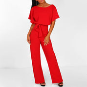 Women’s Short-Sleeve Jumpsuit With Wide-Leg Pants And Waist Tie