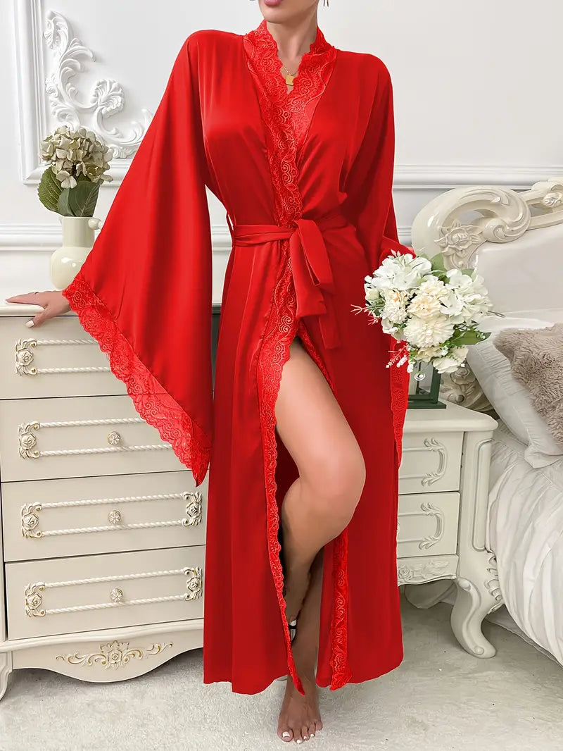 Women's Long Lace Kimono Dressing Gown with Belted Waist and Wide Sleeves