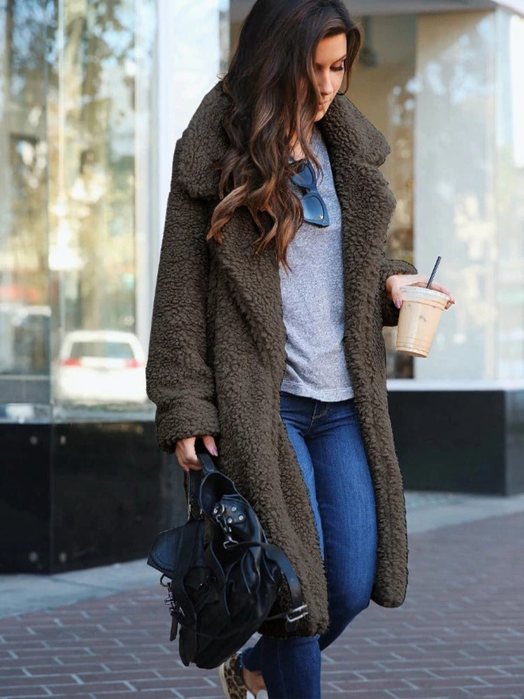 Women's Long Oversized Winter Teddy Coat with Lapel Collar