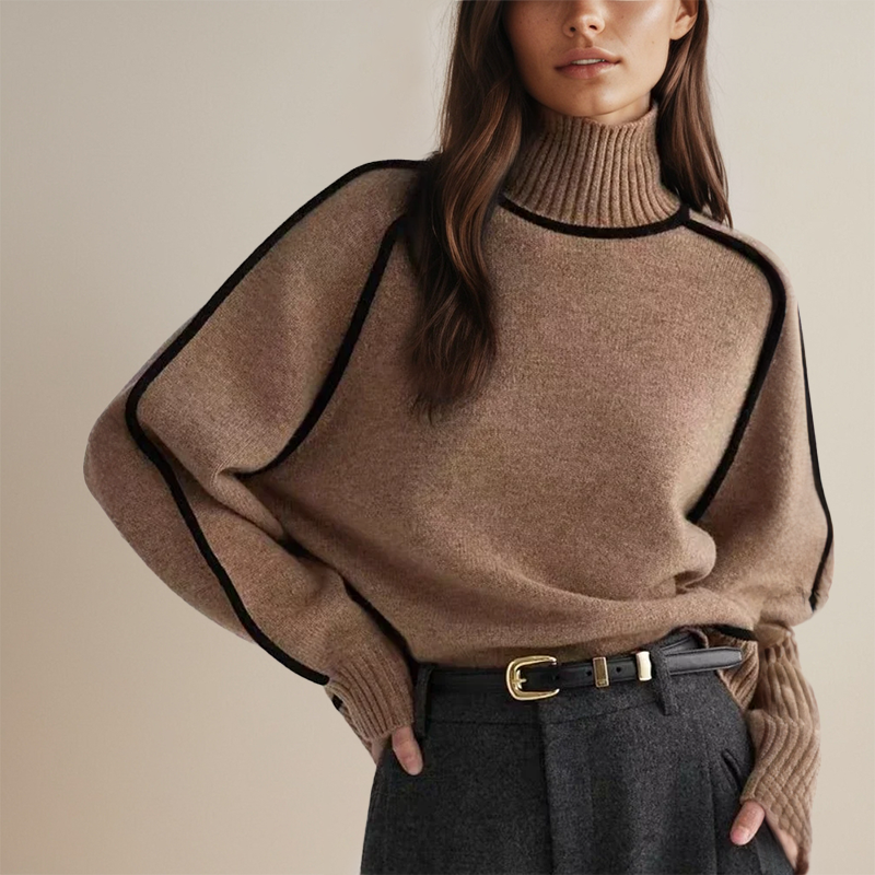 Women’s Oversized Turtleneck Sweater with Contrast Sleeve Trim
