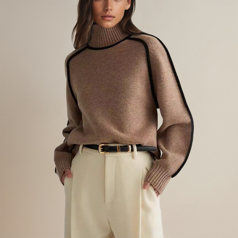 Women’s Oversized Turtleneck Sweater with Contrast Sleeve Trim