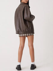 Women's Oversized Leather Bomber Jacket with Zipper Front