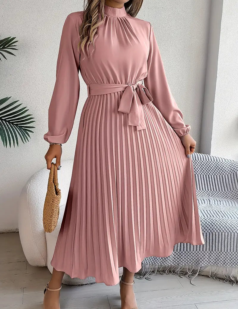 Women’s Long-Sleeve Pleated Midi Dress With Belted Waist
