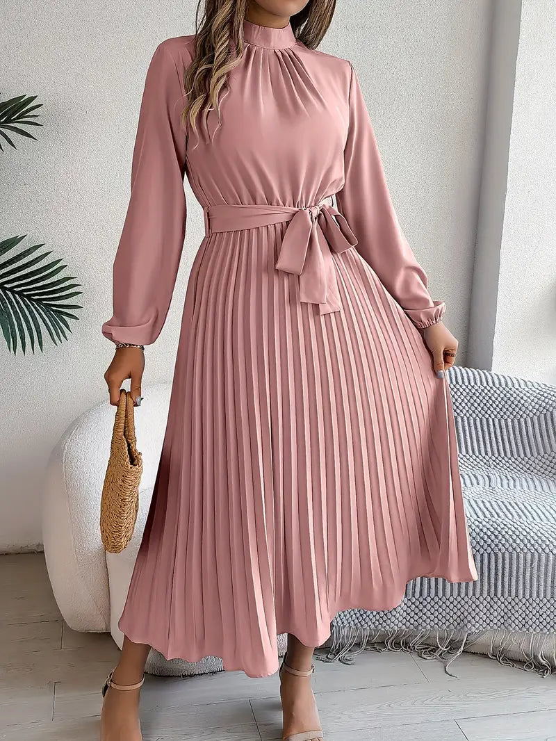Women’s Long-Sleeve Pleated Midi Dress With Belted Waist