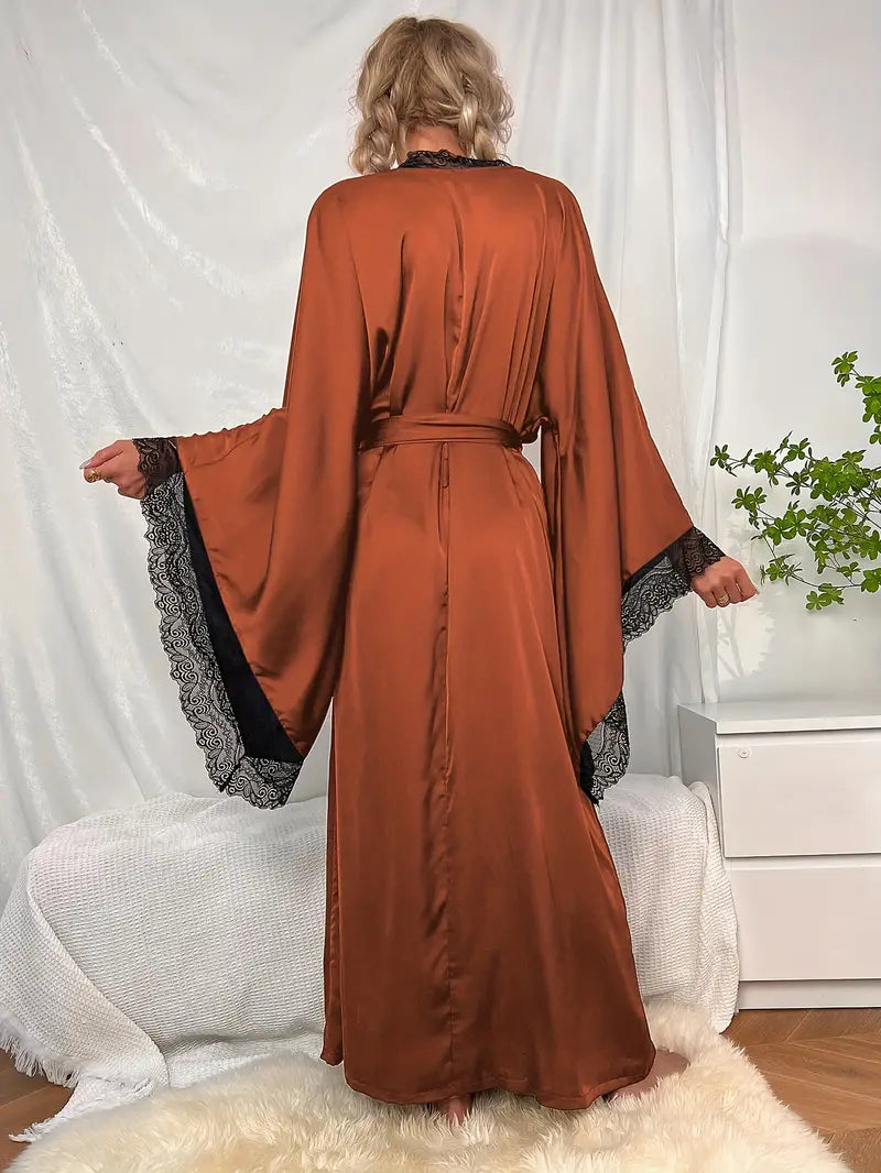 Women's Long Lace Kimono Dressing Gown with Belted Waist and Wide Sleeves
