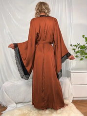 Women's Long Lace Kimono Dressing Gown with Belted Waist and Wide Sleeves