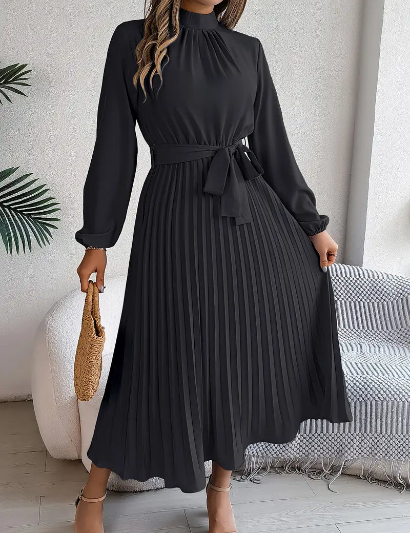 Women’s Long-Sleeve Pleated Midi Dress With Belted Waist