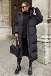 Women's Long Quilted Puffer Coat with High Neck and Hood
