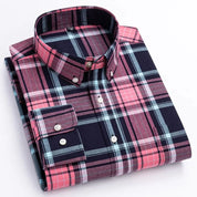 Men's Casual Long Sleeve Plaid Shirt with Button Down Front