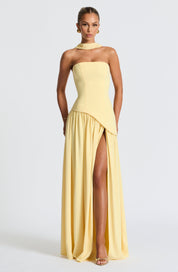 Women's Strapless Maxi Dress with High Slit and Asymmetric Waist