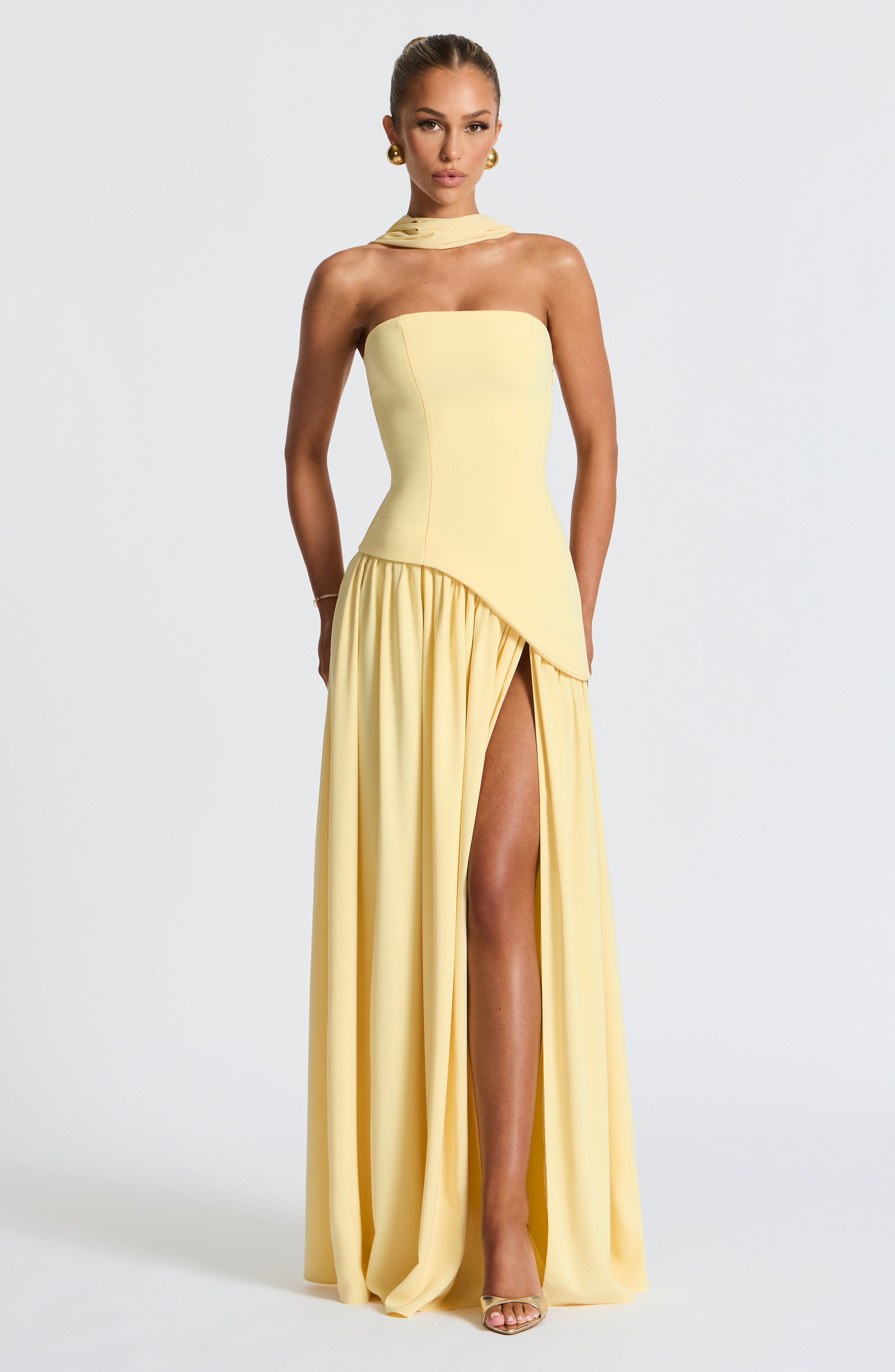 Women's Strapless Maxi Dress with High Slit and Asymmetric Waist