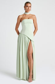 Women's Strapless Maxi Dress with High Slit and Asymmetric Waist