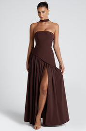 Women's Strapless Maxi Dress with High Slit and Asymmetric Waist