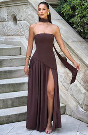 Women's Strapless Maxi Dress with High Slit and Asymmetric Waist