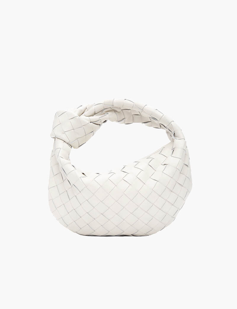 Women’s Woven Handbag With Knotted Handle And Curved Shape