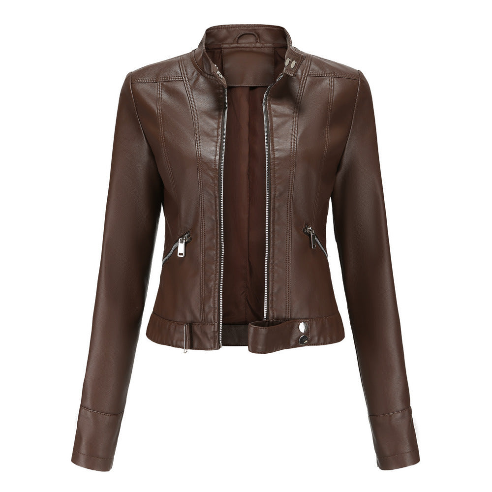 Women's Leather Jacket with Zip Closure High Collar and Belt